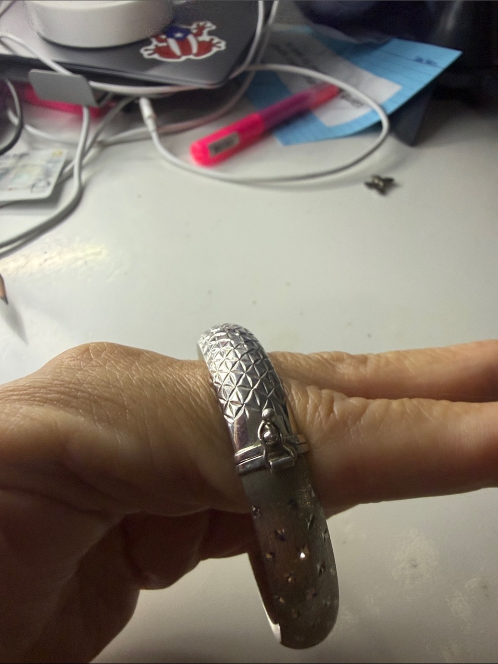 Textured Silver-Tone Hinged Bangle Bracelet
